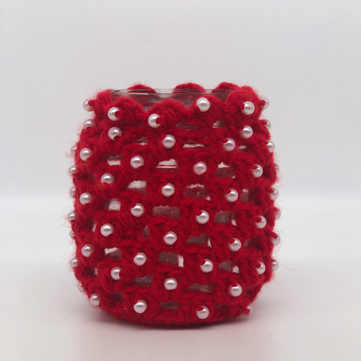 Red Yarn with White Pearls Cozie