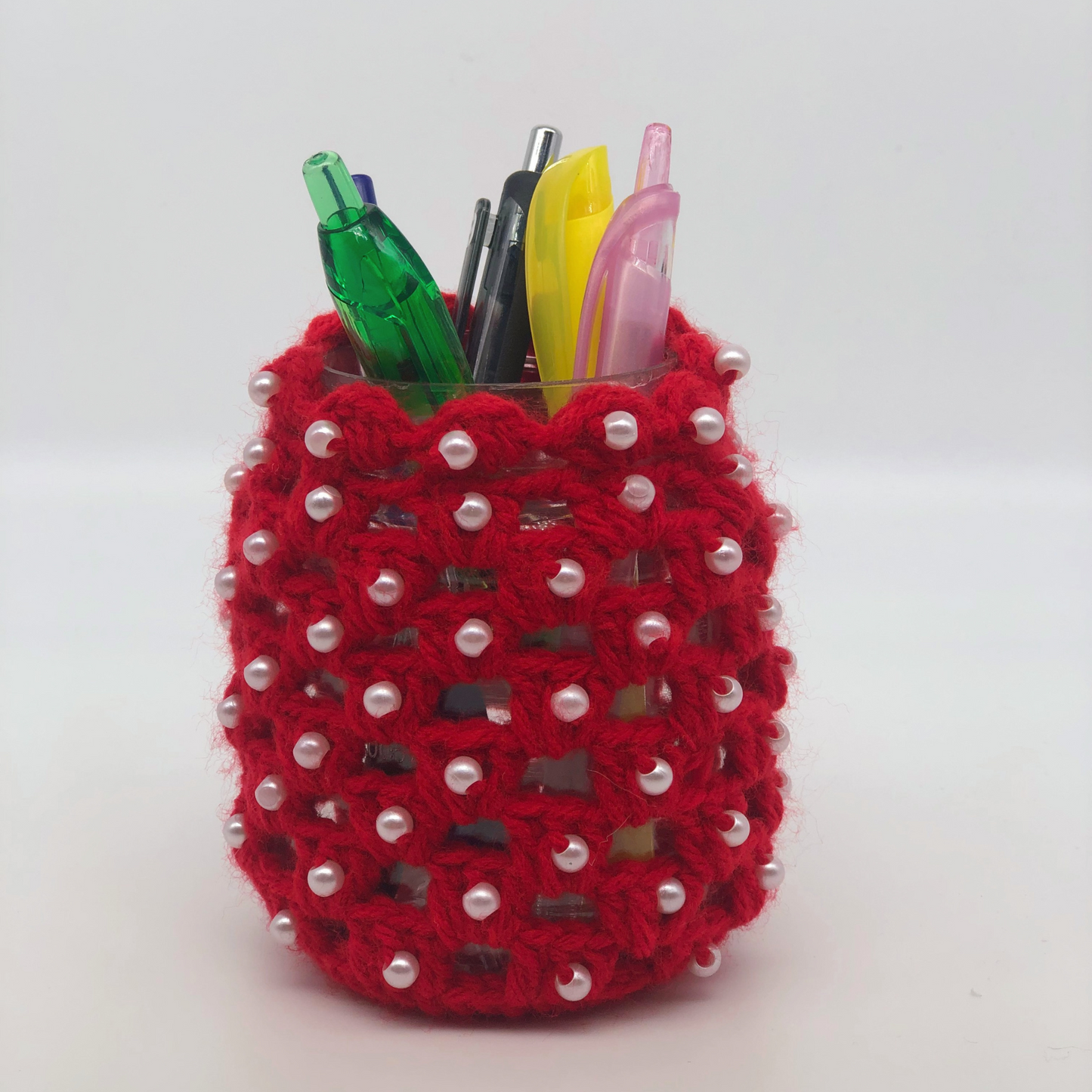 Red Yarn with White Pearls Cozie